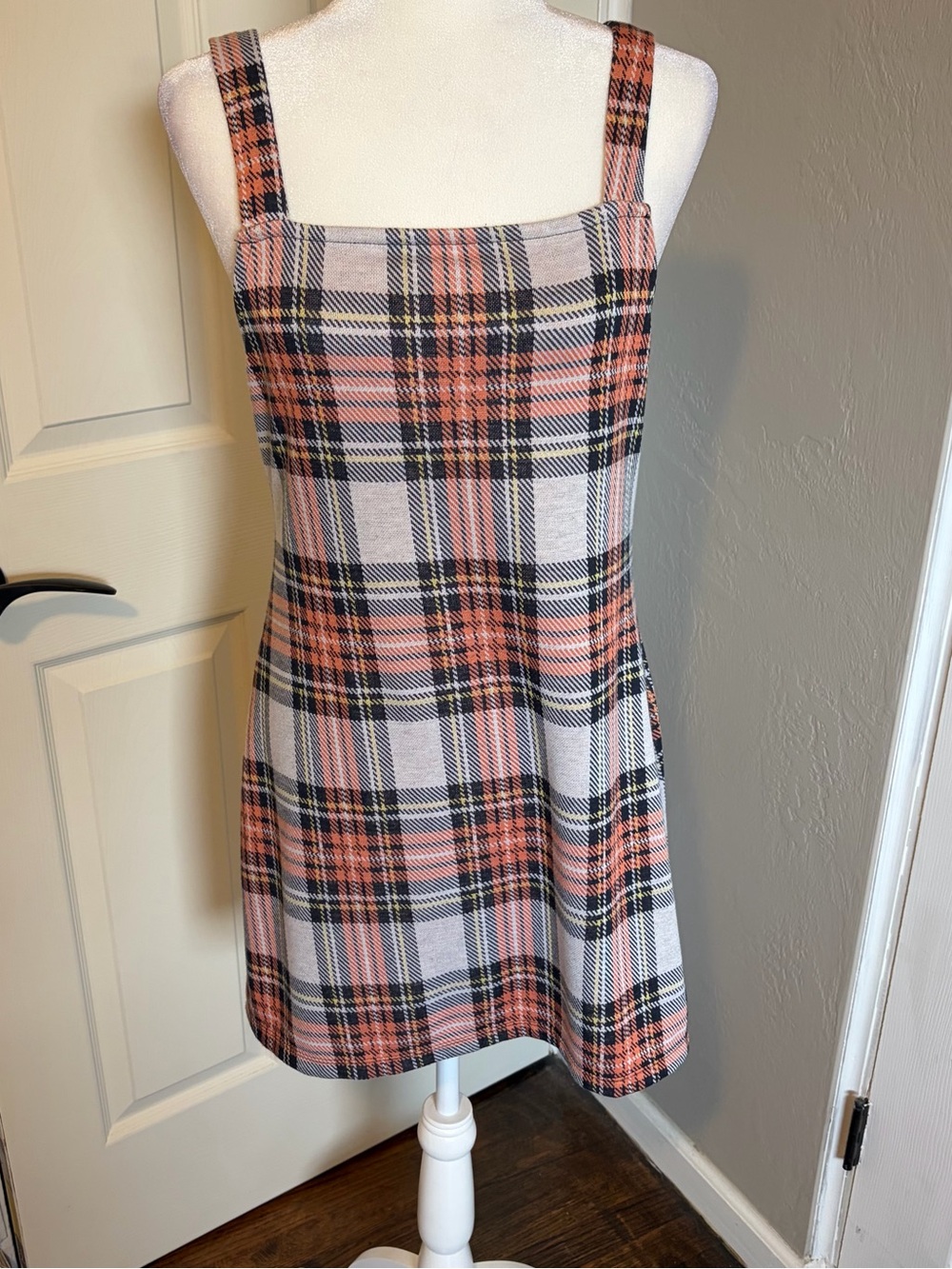 Free People Taylor checkered Orange and Black Plaid Square-Neck Mini Dress
